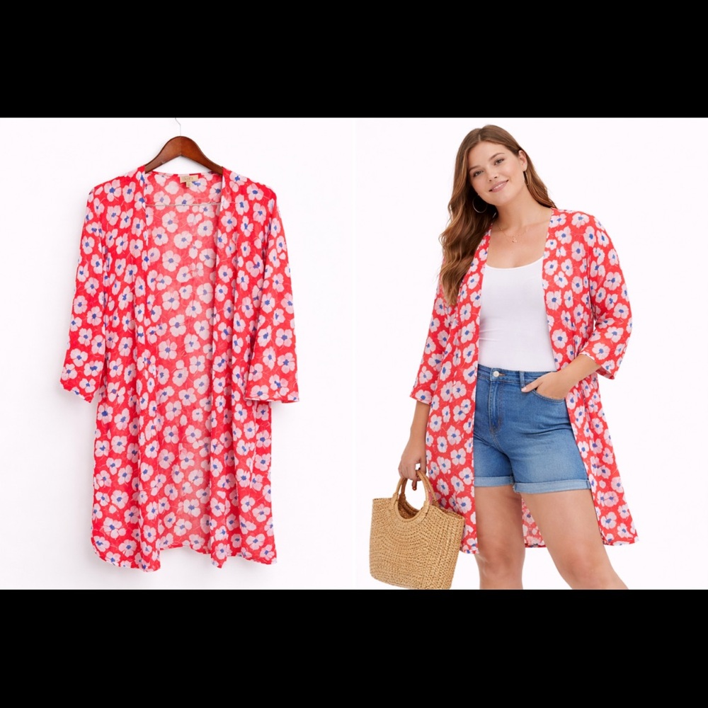 LOFT Outlet Floral Kimono Cardigan Red White Blue Open Front M/L